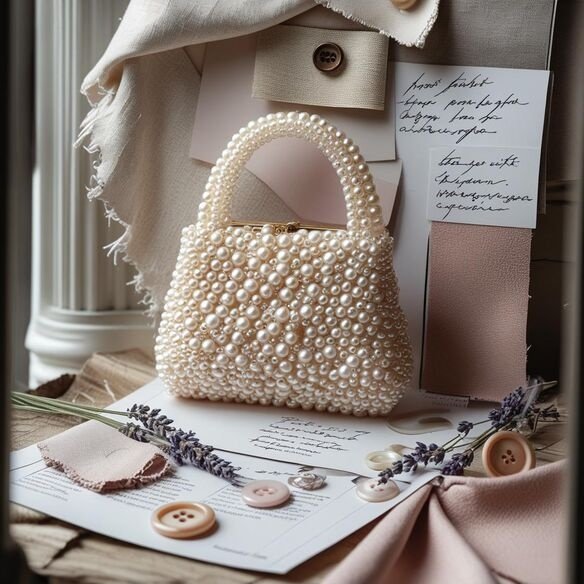 Pearl-beaded handbag styled with blush fabric and lavender sprigs, showcasing bead&blush.store’s elegant, handcrafted accessory design aesthetic.