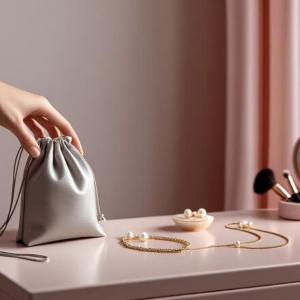 Hand reaching for gray pouch on vanity with jewelry and brushes—luxury accessory moment featured on bead&blush.store homepage.