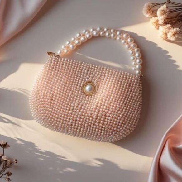 Pearl-embellished handbag with floral accents, styled on pink satin—luxury accessory featured on bead&blush.store’s elegant homepage design.