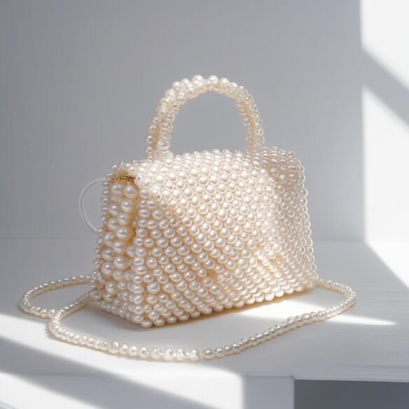 Small pearl handbag with pearl handle and strap, placed on white surface—luxury accessory featured on bead&blush.store’s homepage.