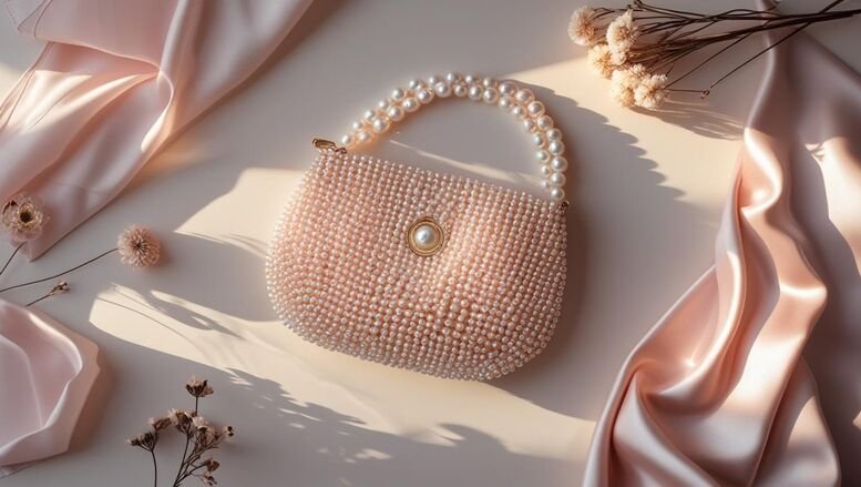 Alt Text: Pearl-embellished handbag with floral accents, styled on pink satin—luxury accessory featured on bead&blush.store’s elegant homepage design.