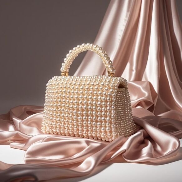 Small pearl handbag with pearl handle and strap, placed on white surface—luxury accessory featured on bead&blush.store’s homepage.